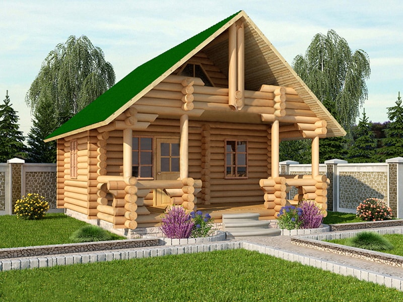 Баня из оцилиндрованного бревна с беседкой